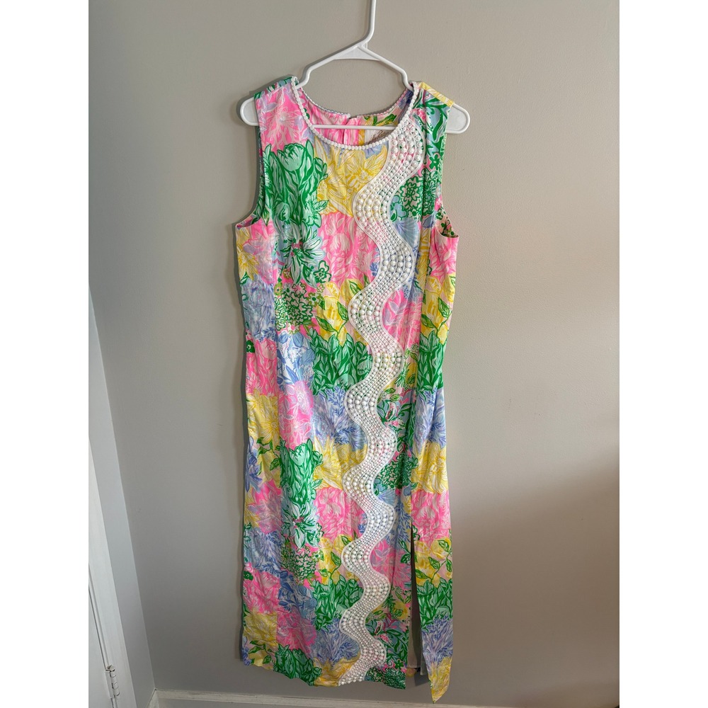 Lilly Pulitzer Floral Soutache Beaded Dress Pink Green Yellow Size 12